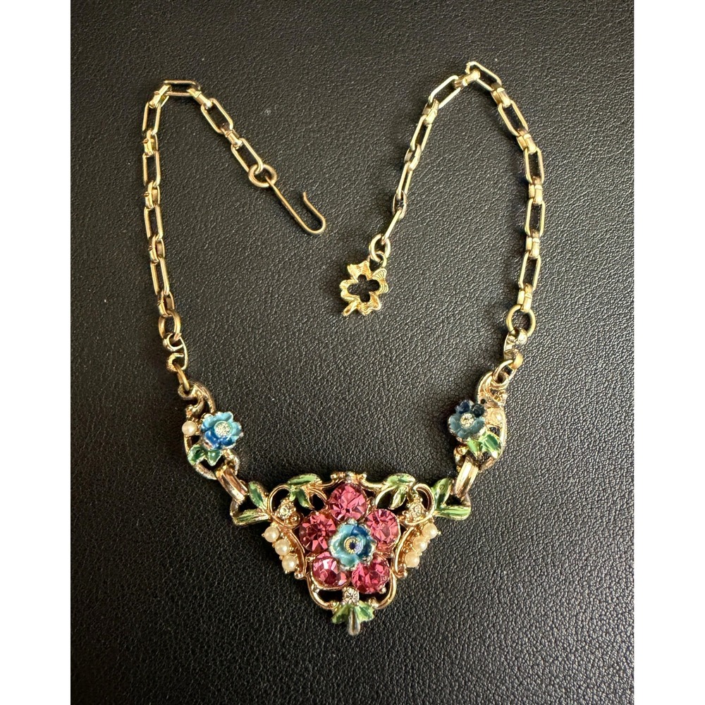 Vintage STAR Rhinestone Enamel Choker Floral Necklace Gold Tone Pink Blue Flower